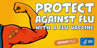 Cartoon arm with bandaid on, captioned "protect against the flu with a flu vaccine"
