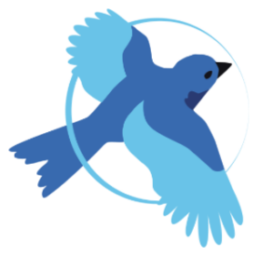 YES logo- a two tone blue bird flying through a circle.